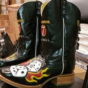 Tin Haul Black Leather Western Boots Dice Flame Embroidery Lucky Seven. 9.5
